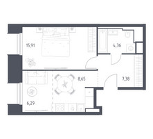 Планировка однокомнатной(апартаменты) площадью 42.59 квадратных метров в “ЖК Скай Спутник”