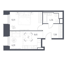 Планировка однокомнатной(апартаменты) площадью 42.59 квадратных метров в ЖК “ЖК Скай Спутник”