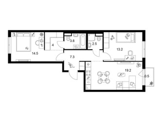Планировка двухкомнатной(квартира) площадью 65 квадратных метров в ЖК “ЖК Москворечье”