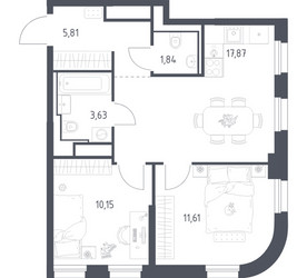 Планировка двухкомнатной(квартира) площадью 50.91 квадратных метров в ЖК “ЖК Квартал на воде (Графика на воде)”