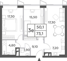 Планировка трехкомнатной(квартира) площадью 73.1 квадратных метров в “ЖК Will Towers (Вилл Тауэрс)”