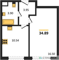 Планировка однокомнатной(квартира) площадью 34.89 квадратных метров в “ЖК Одинград. Квартал Семейный”