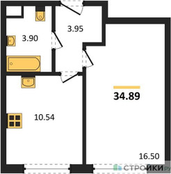Планировка однокомнатной(квартира) площадью 34.89 квадратных метров в ЖК “ЖК Одинград. Квартал Семейный”