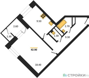 Планировка однокомнатной(квартира) площадью 43.1 квадратных метров в “ЖК Три квартала”