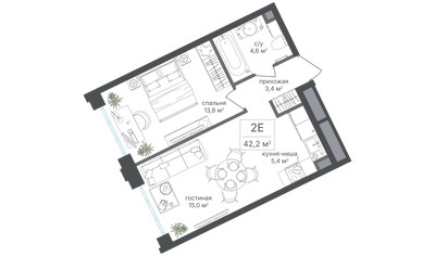 Планировка двухкомнатной(квартира) площадью 42.2 квадратных метров в ЖК “ЖК Михалковский”