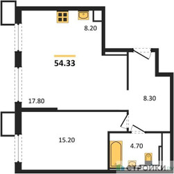 Планировка однокомнатной(квартира) площадью 54.33 квадратных метров в ЖК “ЖК Sky Sputnik (Скай Спутник)”
