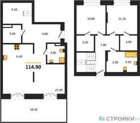 Планировка двухкомнатной(квартира) площадью 114.9 квадратных метров в ЖК “ЖК Квартал Метроном”