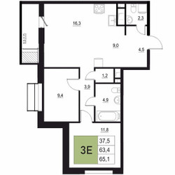 Планировка трехкомнатной(квартира) площадью 65.1 квадратных метров в ЖК “ЖК Вяземы Парк”