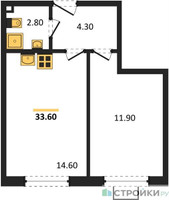 Планировка однокомнатной(квартира) площадью 33.6 квадратных метров в “ЖК Лучи-2”