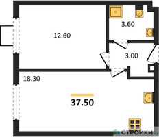 Планировка однокомнатной(квартира) площадью 37.5 квадратных метров в “ЖК Лучи-2”