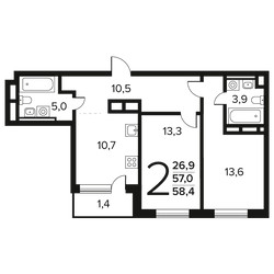 Планировка двухкомнатной(квартира) площадью 58.4 квадратных метров в ЖК “Новые Ватутинки. Заречный”