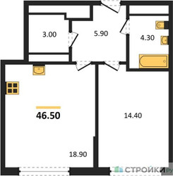 Планировка однокомнатной(квартира) площадью 46.5 квадратных метров в ЖК “ЖК Сиреневый парк”