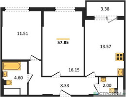 Планировка двухкомнатной(квартира) площадью 57.85 квадратных метров в “ЖК Светлый мир БиоПолис”