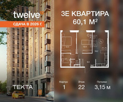Планировка трехкомнатной(квартира) площадью 60.1 квадратных метров в “ЖК Твелв”