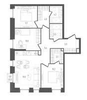 Планировка трехкомнатной(квартира) площадью 77.4 квадратных метров в “ЖК Pave (Пэйв)”