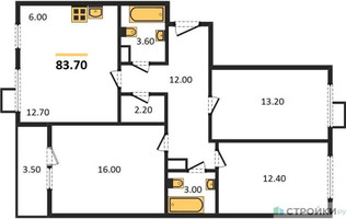 Планировка трехкомнатной(квартира) площадью 83.7 квадратных метров в “ЖК Первый Лермонтовский”