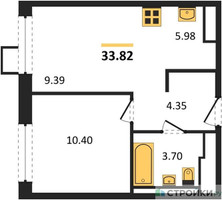Планировка однокомнатной(квартира) площадью 33.82 квадратных метров в “ЖК Пригород Лесное”