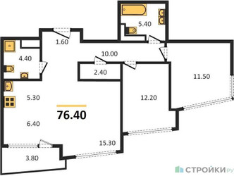 Планировка двухкомнатной(квартира) площадью 76.4 квадратных метров в ЖК “ЖК ROTTERDAM (Роттердам)”
