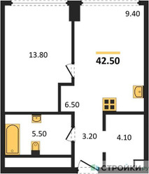 Планировка однокомнатной(квартира) площадью 42.1 квадратных метров в ЖК “ЖК River Park Кутузовский (Ривер Парк Тауэрс)”
