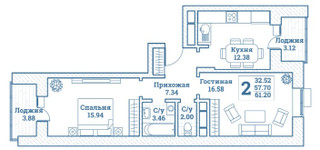 Планировка двухкомнатной(квартира) площадью 61.2 квадратных метров в “ЖК Новоград Монино”