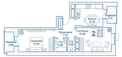 Планировка двухкомнатной(квартира) площадью 61.2 квадратных метров в ЖК “ЖК Новоград Монино”