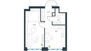 Планировка однокомнатной(квартира) площадью 33.6 квадратных метров в “ЖК Левел Южнопортовая”