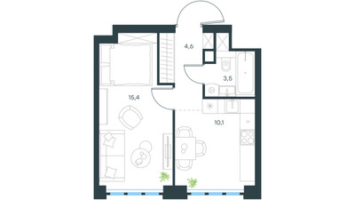 Планировка однокомнатной(квартира) площадью 33.6 квадратных метров в ЖК “ЖК Левел Южнопортовая”