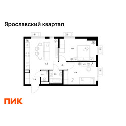 Планировка двухкомнатной(квартира) площадью 51.6 квадратных метров в ЖК “Ярославский квартал”