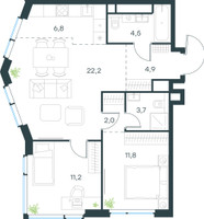 Планировка трехкомнатной(квартира) площадью 67.1 квадратных метров в “ЖК Левел Мичуринский”