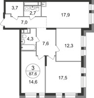 Планировка трехкомнатной(квартира) площадью 87.6 квадратных метров в “ЖК Первый Московский”
