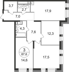 Планировка трехкомнатной(квартира) площадью 87.6 квадратных метров в ЖК “ЖК Первый Московский”