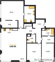 Планировка трехкомнатной(квартира) площадью 148.9 квадратных метров в “ЖК Собрание клубных домов West Garden (Вест Гарден)”