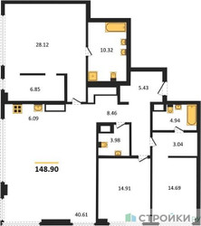 Планировка трехкомнатной(квартира) площадью 148.9 квадратных метров в ЖК “ЖК Собрание клубных домов West Garden (Вест Гарден)”