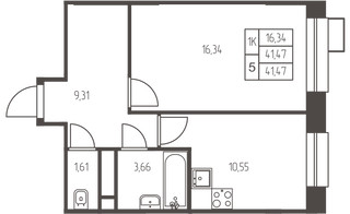 Планировка однокомнатной(квартира) площадью 41.5 квадратных метров в “ЖК Новая Ивантеевка”