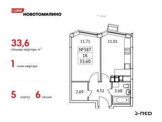 Планировка однокомнатной(квартира) площадью 33.6 квадратных метров в ЖК “ЖК Новотомилино”