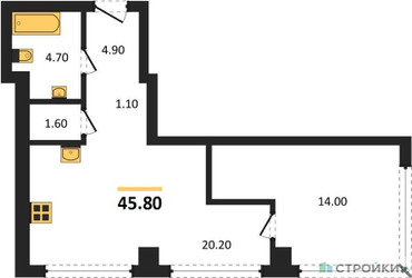 Планировка однокомнатной(квартира) площадью 45.8 квадратных метров в ЖК “Акценты”