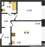 Планировка однокомнатной(квартира) площадью 43.2 квадратных метров в “Жилые кварталы Белый Град”