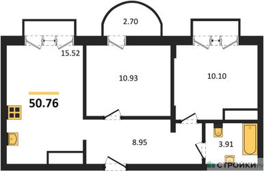 Планировка двухкомнатной(квартира) площадью 50.76 квадратных метров в ЖК “ЖК ВОСТОК II”
