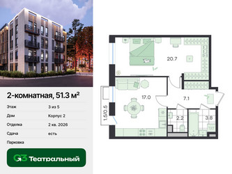 Планировка двухкомнатной(квартира) площадью 51.3 квадратных метров в ЖК “ЖК Театральный”
