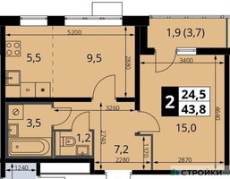 Планировка однокомнатной(квартира) площадью 44.2 квадратных метров в “ЖК ЮЖНАЯ БИТЦА”