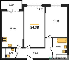 Планировка двухкомнатной(квартира) площадью 54.38 квадратных метров в “ЖК Светлый мир БиоПолис”