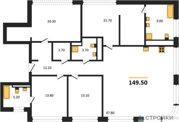 Планировка 4+ комнатной(квартира) площадью 149.5 квадратных метров в ЖК “ЖК Остров”