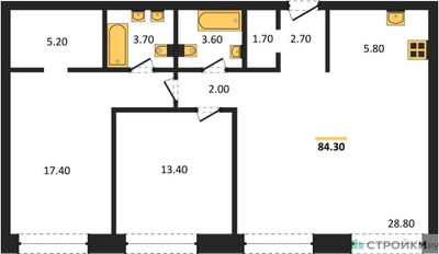 Планировка двухкомнатной(квартира) площадью 84.3 квадратных метров в ЖК “ЖК Moments (Моментс)”