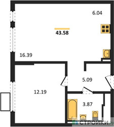 Планировка однокомнатной(квартира) площадью 43.58 квадратных метров в ЖК “ЖК Горки Парк”