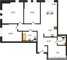 Планировка трехкомнатной(квартира) площадью 87.33 квадратных метров в ЖК “ЖК Остафьево”
