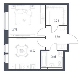Планировка однокомнатной(квартира) площадью 37.44 квадратных метров в ЖК “ЖК Большое Путилково”