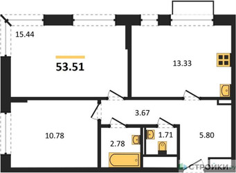Планировка двухкомнатной(квартира) площадью 53.51 квадратных метров в ЖК “ЖК Квартал Марьино”