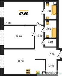 Планировка двухкомнатной(квартира) площадью 67.6 квадратных метров в ЖК “ЖК КОД Сокольники”