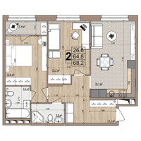 Планировка двухкомнатной(квартира) площадью 68.2 квадратных метров в “ЖК Гранд Комфорт”