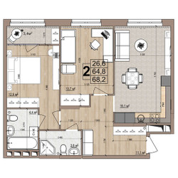Планировка двухкомнатной(квартира) площадью 68.2 квадратных метров в ЖК “ЖК Гранд Комфорт”